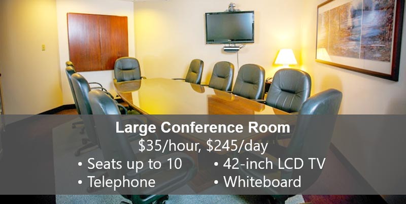 large conference room with list of features