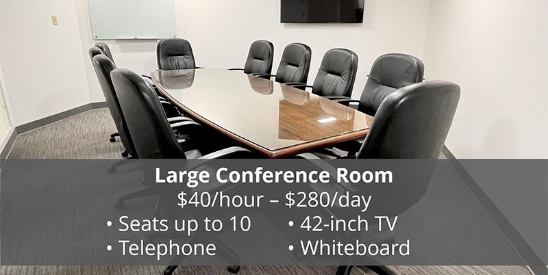 large conference room with list of features